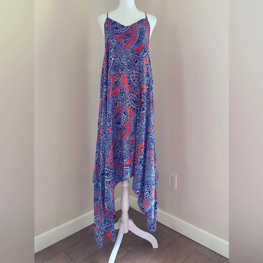 Trina Turk Alverta Silk Paisley Midi Dress Cobalt Blue and Orange Size 4
